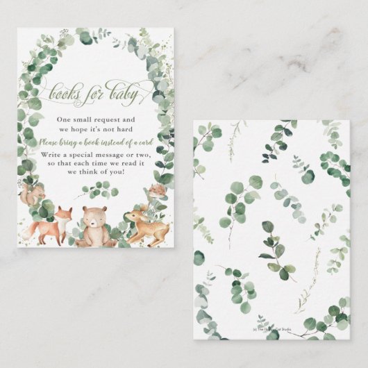 森の動物の緑が本を持ってベビー エンクロージャーカード (正面/裏面)