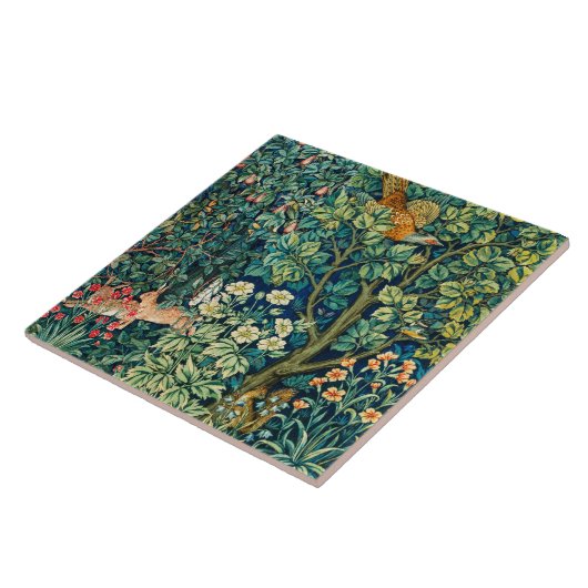 森の動物の群れ，キジの鳥，緑のフローラ タイル (側面)