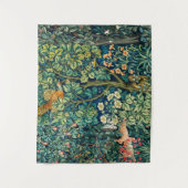 森の動物の群れ，キジの鳥，緑のフローラ タペストリー (正面)