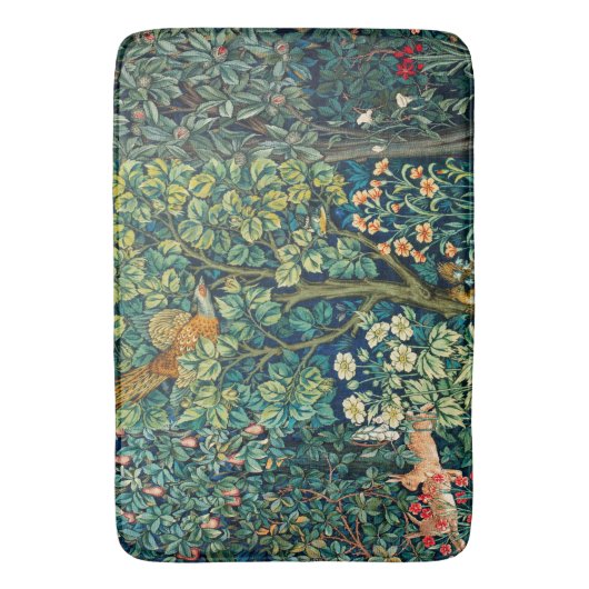 森の動物の群れ，キジの鳥，緑のフローラ バスマット (正面縦)