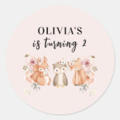 森の動物の誕生日シール | ピンクの花柄 ラウンドシール (正面)
