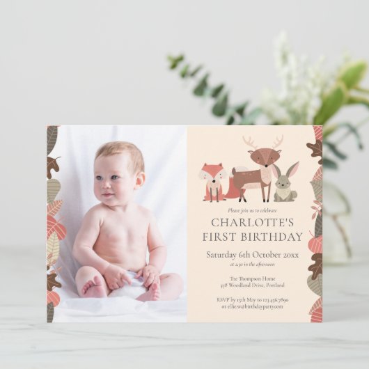 森の動物の誕生日パーティーの写真 招待状 (スタンド正面)