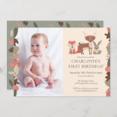 森の動物の誕生日パーティーの写真 招待状 (正面/裏面)