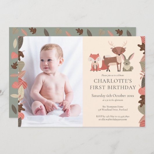 森の動物の誕生日パーティーの写真 招待状 (正面/裏面)