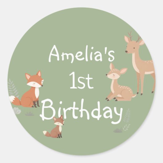 森の動物の誕生日パーティーファーバー ラウンドシール (正面)