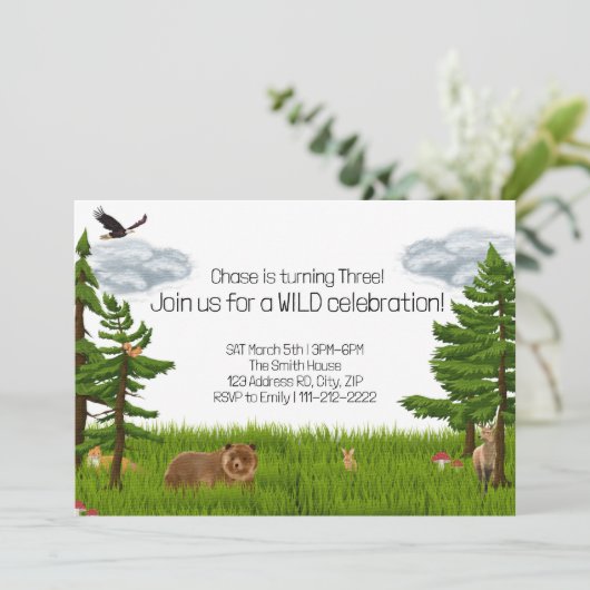 森の動物の誕生日パーティー，子供の誕生日 招待状 (スタンド正面)