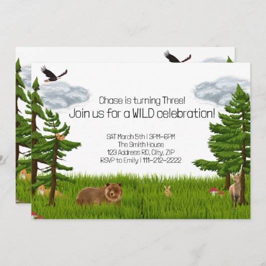 森の動物の誕生日パーティー,子供の誕生日 招待状 (正面/裏面)