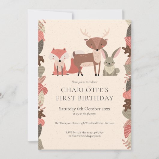 森の動物の誕生日パーティー 招待状 (正面)