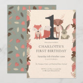 森の動物の誕生日パーティー 招待状 (正面/裏面)