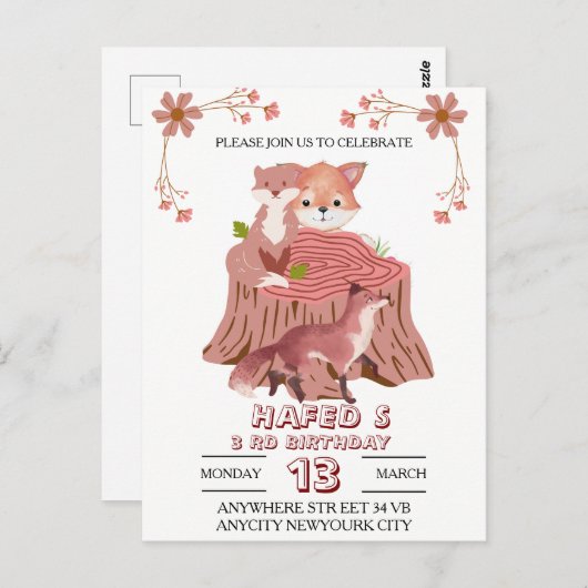 森の動物の誕生日招待状: 秋の森 ポストカード (正面/裏面)