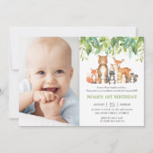 森の動物の誕生日　森林の緑の写真 招待状 (正面)