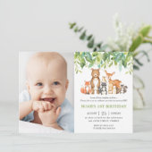 森の動物の誕生日　森林の緑の写真 招待状 (スタンド正面)