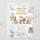 森の動物の3歳誕生日パーティー 招待状 (正面)