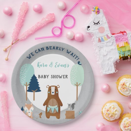 森の動物は青素朴灰色 ペーパープレート (パーティー)