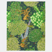 森の動物は、青い緑の小川のフローラ フリースブランケット (正面)