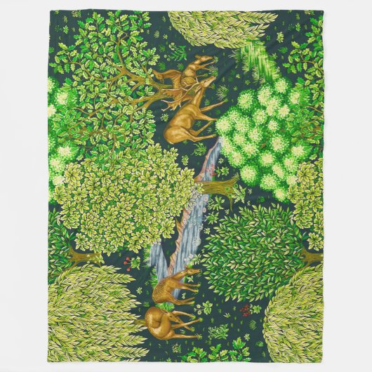 森の動物は、青い緑の小川のフローラ フリースブランケット (正面)
