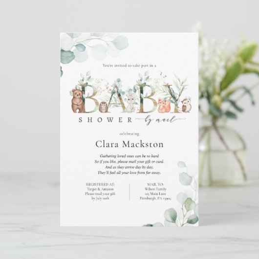 森の動物をメールで届けるウッドランドの赤ちゃんシャワー 招待状 (スタンド正面)