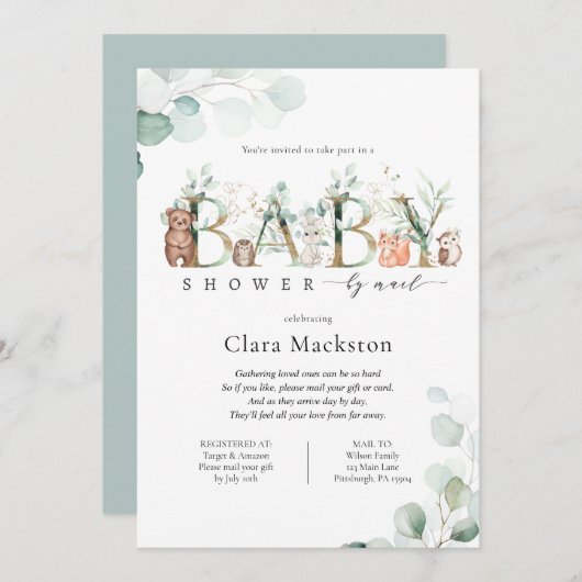 森の動物をメールで届けるウッドランドの赤ちゃんシャワー 招待状 (正面/裏面)
