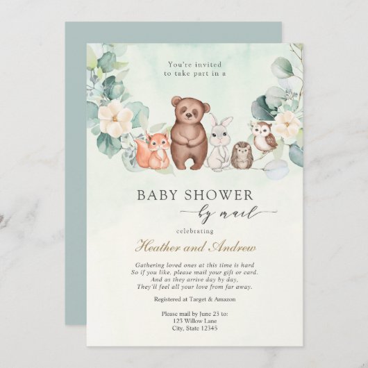 森の動物をメールで届けるウッドランドの赤ちゃんシャワー 招待状 (正面/裏面)