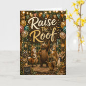 森の動物クマの誕生日カード Raise the Roof カード (黄色い花)