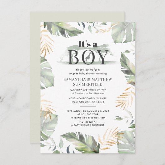 森の動物ジャングルカップル男の子の赤ちゃんシャワー 招待状 (正面/裏面)