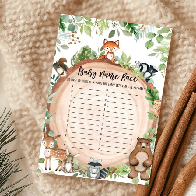 森の動物ベビーシャワーベイビーネームレースゲーム (Wood Slice Woodland Baby Shower Baby Name Race Game)