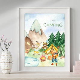 森の動物子供用ウォーターカラーキャンピング「I Love Camping」 ポスター