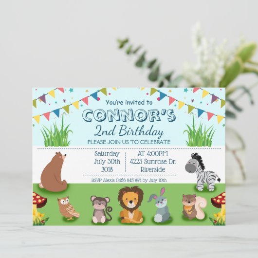 森の動物漫画の子ども向け誕生日 招待状 (スタンド正面)