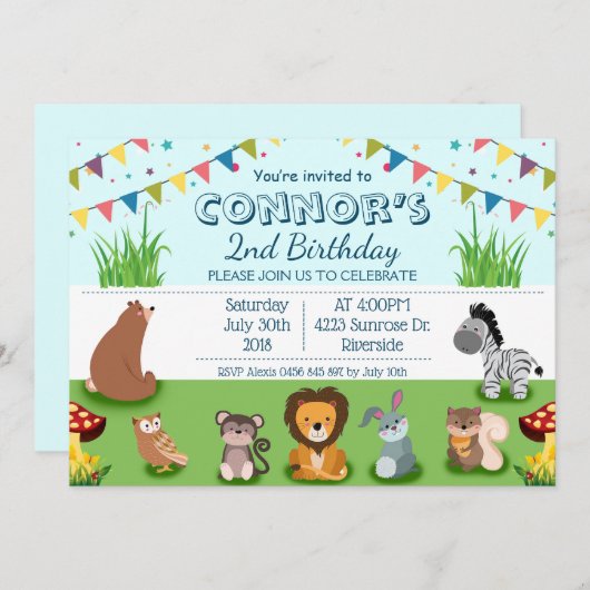 森の動物漫画の子ども向け誕生日 招待状 (正面/裏面)