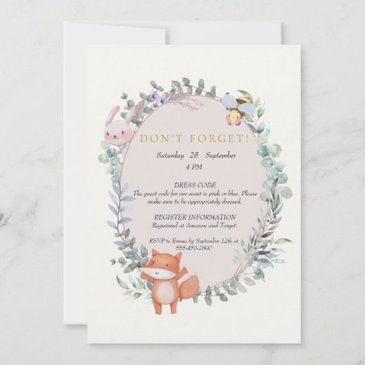 森の動物素朴水の色の性別 招待状 (裏面)