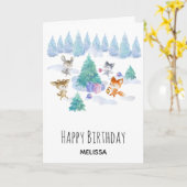 森の動物踊りのまわりにとモミの木 カード (黄色い花)