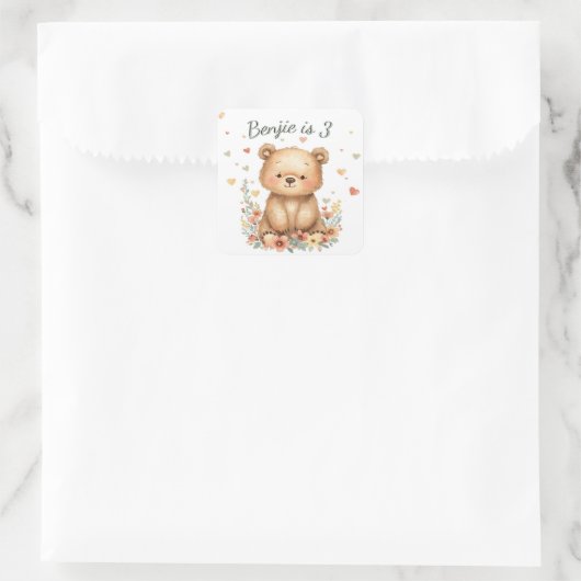 森の動物 かわいいクマ パステル ハート 花 スクエアシール (バッグ)