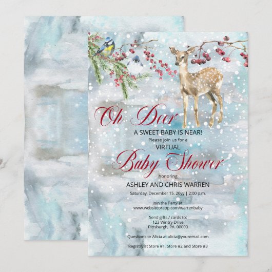 森の動物 ウインターベイビー シャワー 招待状 (正面/裏面)