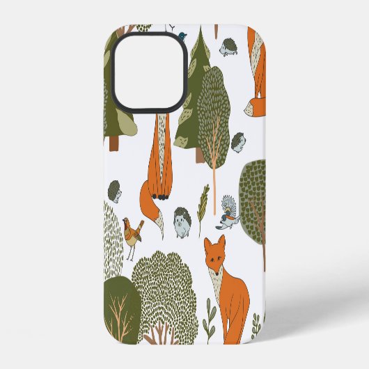 森の動物: キツネと鳥の模様 iPhoneケース (裏面)