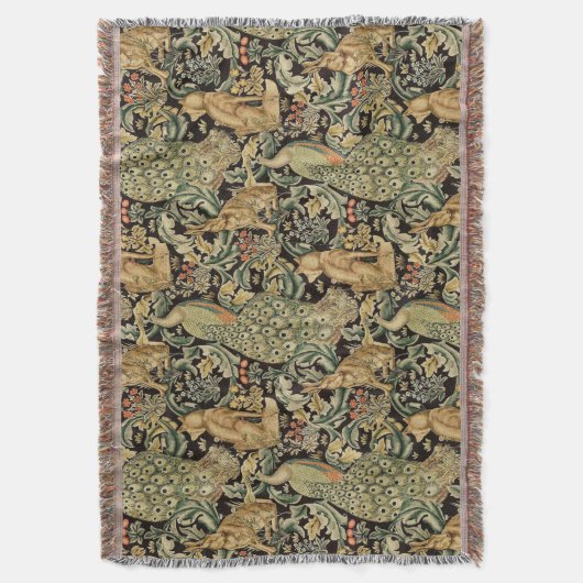 森の動物,キツネ,孔雀,緑のフローラのウサギ スローブランケット (正面縦)