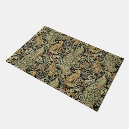 森の動物，キツネ，孔雀，緑のフローラのウサギ ドアマット (アングル)