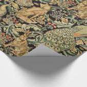 森の動物，キツネ，孔雀，緑のフローラのウサギ ラッピングペーパー (角)