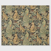 森の動物，キツネ，孔雀，緑のフローラのウサギ ラッピングペーパー (フラット)