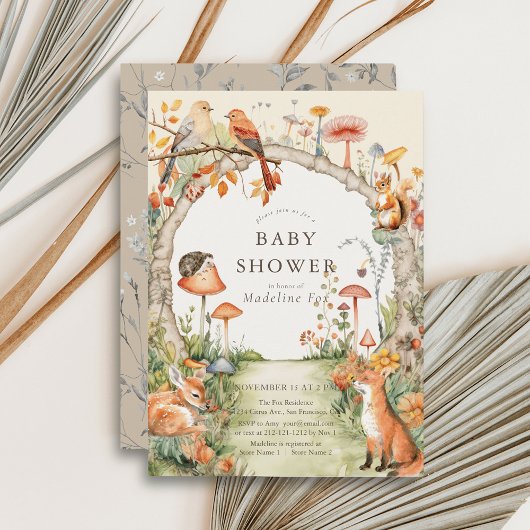 森の動物 キノコの庭 ベビーシャワー 招待状