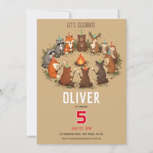 森の動物 キャンプファイヤー誕生日パーティー 招待状 (正面)