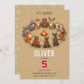 森の動物 キャンプファイヤー誕生日パーティー 招待状 (正面/裏面)