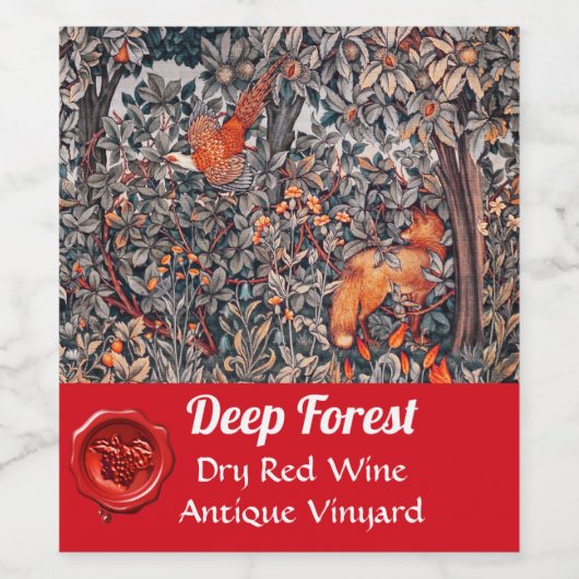 森の動物 クジャク 赤いキツネ、グレー 花 ワインラベル (シングルラベル)