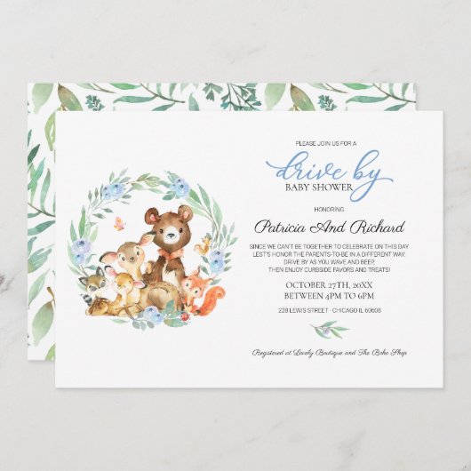 森の動物 グリーン ドライブバイ ベビーシャワー 招待状 (正面/裏面)