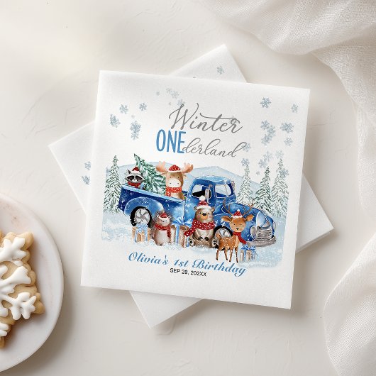 森の動物 トラック ワンダーランド 1歳の誕生日 スタンダードカクテルナプキン