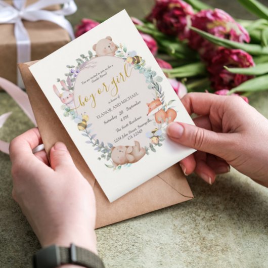 森の動物　ナチュラル　水彩　ジェンダー・リビール 招待状