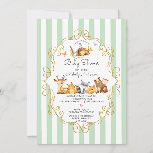 森の動物 ニュートラル ベビーシャワー 招待状 (正面)