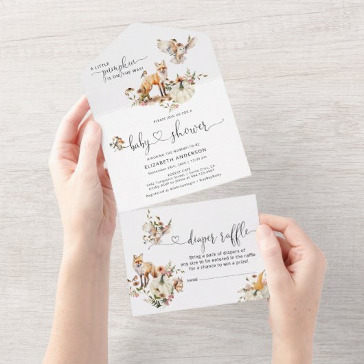 森の動物 パンプキン 秋の花 赤ちゃんシャワー オールインワン招待状 (貼ってはがせる)