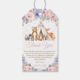 森の動物 ピンクとパープルの花の感謝の気持ち ギフトタグ