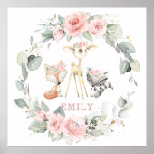 森の動物 ピンクの花と緑の壁飾り ポスター (正面)