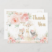 森の動物 ピンクの花のベイビー サンクス ポストカード (正面/裏面)